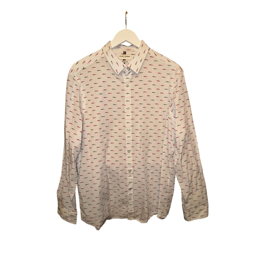 Crosby & Howard Men's White Stretch Fabric Button Down Shirt Race‎ Cars Print XL